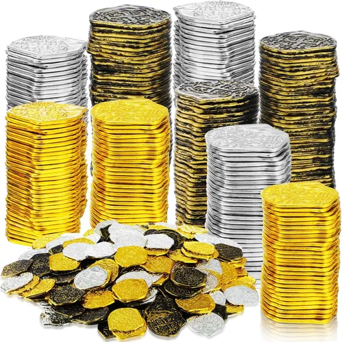 Vista 8 de Hanaive 100 piezas de monedas piratas de plástico, monedas falsas de juego, réplicas de doblones españoles para cofre del tesoro de fiesta pirata