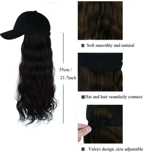 Vista 3 de Onepiece - Gorra de béisbol con extensión de cabello, 21 pulgadas, cabello ondulado largo, peluca sintética con pelo para mujeres y niñas
