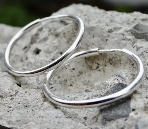 Vista 5 de Hoop Earrings 20 mm Sterling Silver 925 Pair Sleeping Endless Wire Plain Round Handmade Jewelry