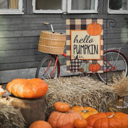 Vista 4 de Bandera de jardín de otoño con texto en inglés «Hello Pumpkin», bandera de doble cara de 12 x 18 pulgadas para patio, decoración de Acción