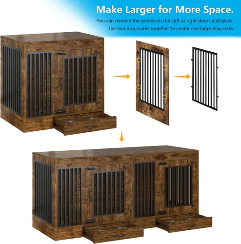 Vista 6 de yookare Jaula para perros con muebles de color marrón rústico, jaula de madera y metal, mesa auxiliar de casa para mascotas con cajón y diseño
