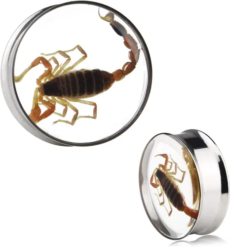 Tapones para oreja, incrustaciones de escorpión auténtico, de acero inoxidable, túneles de doble llamarada, dilatadores para estirar, piercing