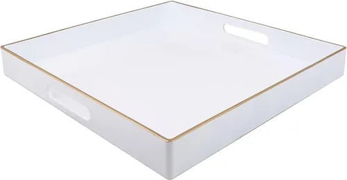 Vista 29 de Spsyrine Bandeja decorativa dorada con asas, elegante bandeja de plástico para mesa auxiliar otomana, sala de estar, decoración del hogar, 15.6 x