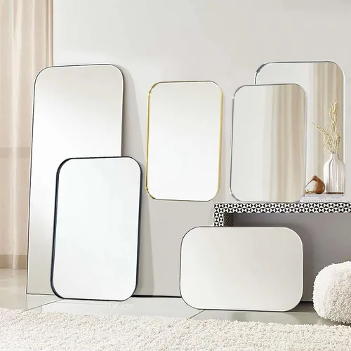Vista 6 de Espejo de pared rectangular redondeado de níquel cepillado de 22 x 30 pulgadas, espejo de pared rectangular con marco de metal de acero inoxidable