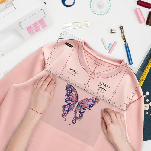 Vista 2 de Guía de regla de camiseta mejorada de 8 piezas para alineación de vinilo, regla de camisa de mayor precisión, cuello redondo y en V, herramienta