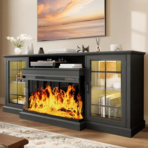 Vista 13 de Soporte de TV con Chimenea de 59'', Centro de Entretenimiento de Medios con Vidrio de 3 Lados, Mesa Consola para TVs hasta 65'' con Puerta