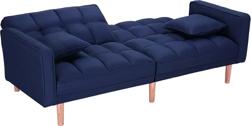 Vista 6 de Sofá cama tipo futón convertible, moderno sofá cama plegable tapizado de lino con dos almohadas, sofá cama de 75 pulgadas para sala de estar