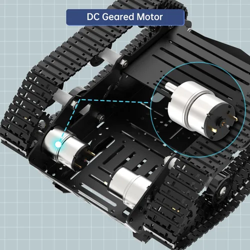 Vista 2 de Chasis de automóvil tanque con motor de engranaje de CC, chasis robot absorbente de golpes, plataforma móvil robótica de metal completo para Arduino