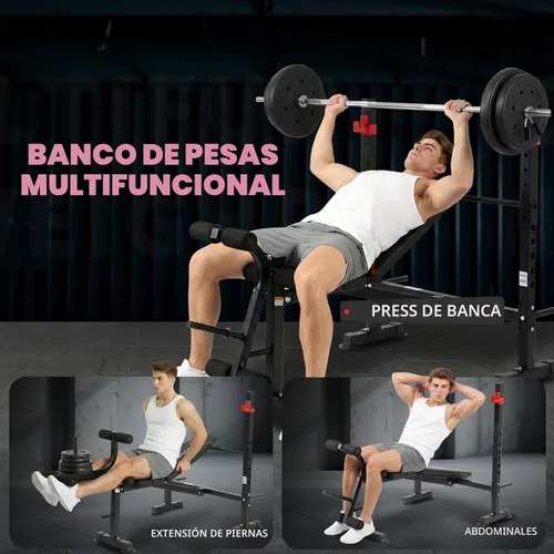 Vista 4 de Juego de banco de pesas estándar con extensión de piernas y curl de piernas, juego de prensa de banco ajustable con rack para sentadillas, banco