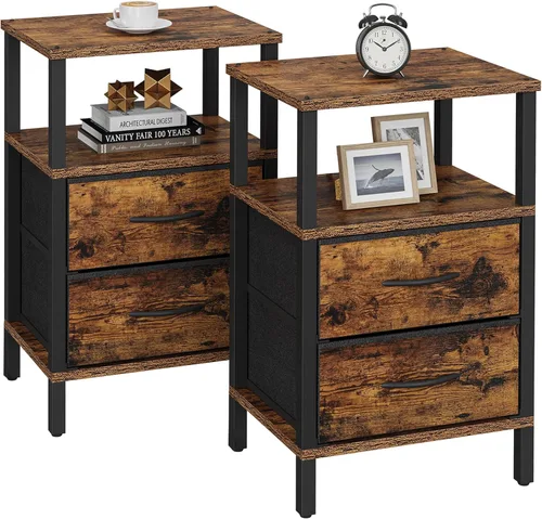 Vista 11 de TUTOTAK Mesa auxiliar LED con estación de carga, mesita de noche con cajón de tela, mesa auxiliar con tomacorriente, juego de 2, mesa de sofá, negro