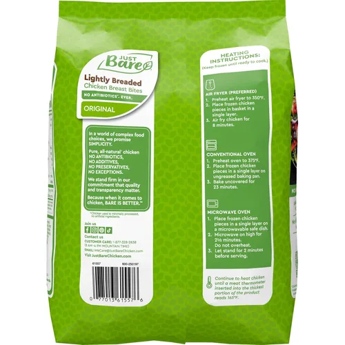Vista 9 de Just Bare® Pechugas de pollo ligeramente empanadas en bocados Totalmente cocidas Congeladas con 16 G de proteína 1.50 LB, 24 onzas