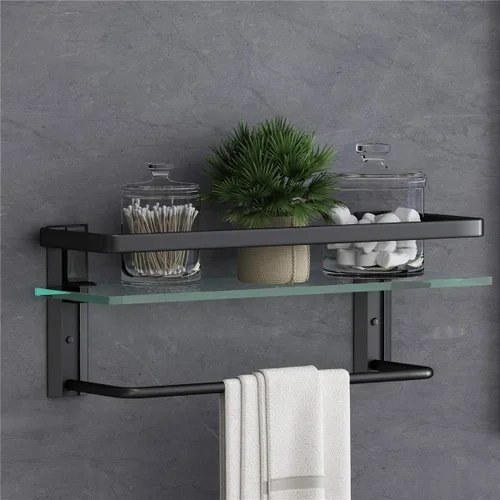 VOLPONE Estante de vidrio para baño con toallero, estante de baño negro, montaje en pared, a prueba de óxido, organizador de pared de baño