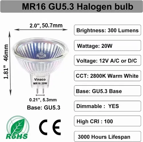 Vista 4 de Vinaco Bombilla halógena MR16, paquete de 6, 20 W, 12 V, 3000 horas, blanco cálido, regulable, base GU5.3, luces de paisaje y pista