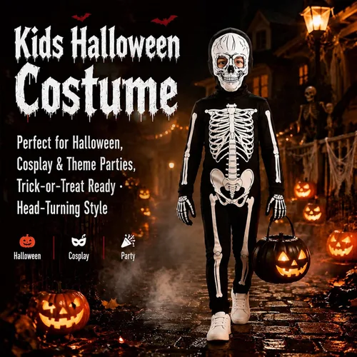 Vista 2 de Disfraz de Halloween con estampado 3D de esqueleto para niños