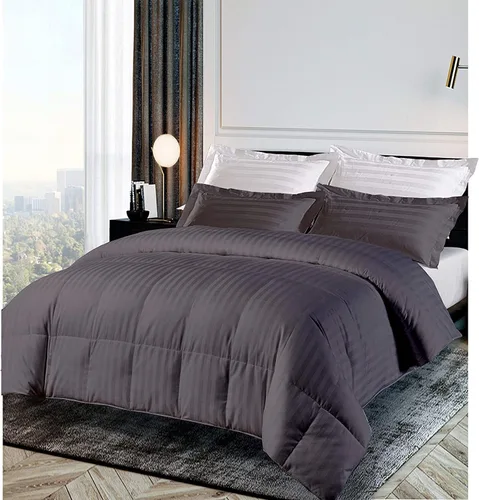 Vista 4 de Juego de edredón de 3 piezas con costuras en caja a rayas moradas de 500 GSM, potencia de relleno, 100% algodón egipcio, edredón acolchado olímpico