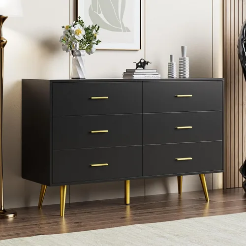 Vista 8 de CARPETNAL Cómoda negra para dormitorio, cómoda de 6 cajones con cajones anchos y asas de metal dorado, aparadores de madera y cómoda de pasillo