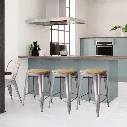 Vista 103 de GIA Taburete de mostrador sin respaldo de 24 pulgadas, cantidad de 4, bronce con asiento de madera clara