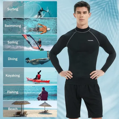 Vista 6 de Tesuwel Rash Guard for Men Long Sleeve UPF 50+ Mens Swim Shirts UV Protection Compression Surfing Water Shirts Quick Dry