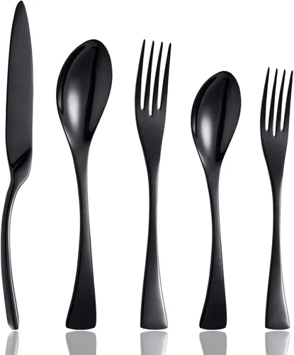 Juego de cubiertos negros de 20 piezas, aspecto moderno único, vajilla de acero inoxidable para el hogar y la cocina, juego de vajilla/utensilios