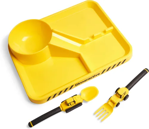 Vista 8 de Dinneractive Utensilios y platos para niños pequeños con temática de construcción de 3 piezas, tenedores, cucharas y platos divididos, color azul