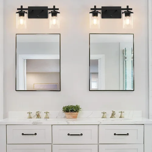 Vista 5 de 2 luces de tocador de baño, accesorios de luz de tocador negro mate sobre espejo, apliques de pared modernos con pantalla de vidrio transparente