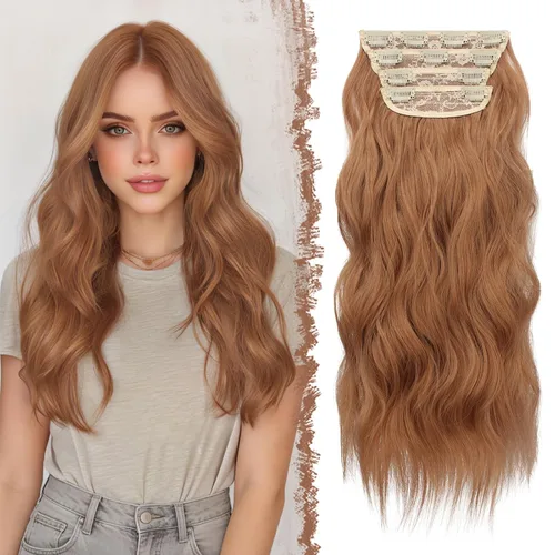 Vista 24 de FESHFEN Extensiones de cabello con clip - 4 piezas Extensiones de cabello sintético ondulado largo y grueso con clip para cabeza completa