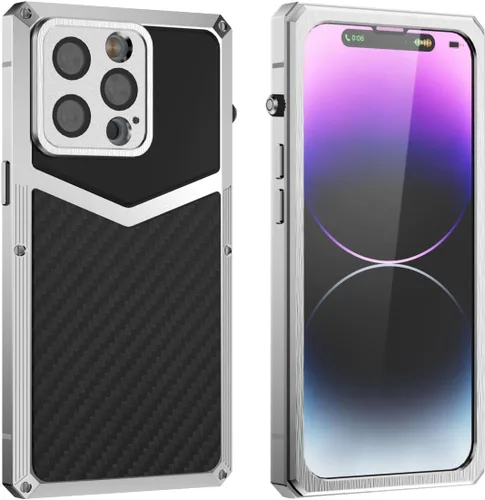 Vista 9 de HUALIMEI Funda de lujo para iPhone 13 Pro 6.1, funda de teléfono de fibra de carbono, armadura protectora militar con protector de pantalla