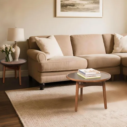 Vista 4 de CONSDAN Mesa auxiliar redonda 24, marco de roble macizo y parte superior de chapa, madera dura cultivada en Estados Unidos, sala de estar moderna