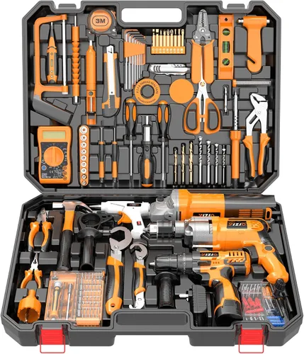 IZIO Juego de herramientas de reparación general del hogar de 42 piezas con taladro, amoladora y multímetro, idea de regalo ideal para hombres,