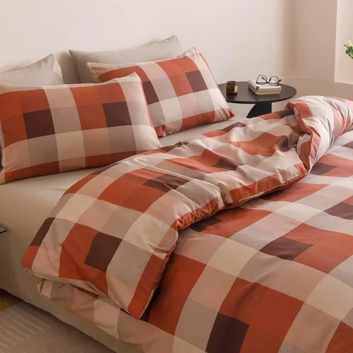 Vista 23 de CLOTHKNOW Juego de edredón de 3 piezas a cuadros color beige óxido, tamaño Full, juego de ropa de cama de cuadros edredón terracota con 2 fundas