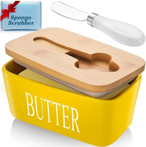 Vista 7 de Mantequillera con tapa: recipiente grande para mantequilla para encimera, soporte de mantequilla de cerámica para mostrador, bandeja de mantequilla