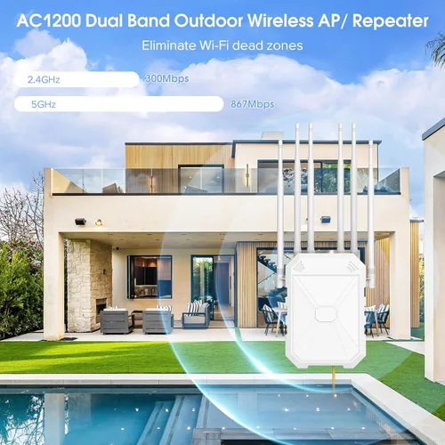 Vista 2 de AC1200 Extensor WiFi para exteriores, punto de acceso WiFi de largo alcance de 5 GHz y 2.4 GHz, con 6 antenas, extensor de señal WiFi