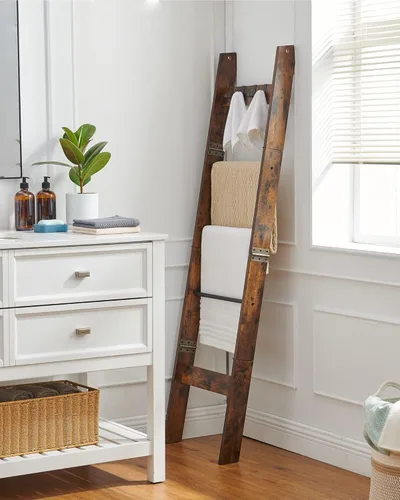 Vista 52 de Escalera para manta para sala de estar, estante decorativo para edredón con 4 ganchos extraíbles, 5 niveles de soporte de escalera de granja Blanco