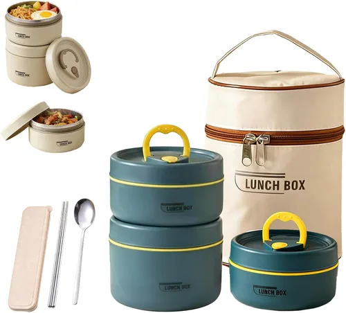 Vista 13 de Juego de recipientes de almuerzo aislados de 4 niveles, caja Bento apilable de acero inoxidable con bolsa de almuerzo aislada, recipientes