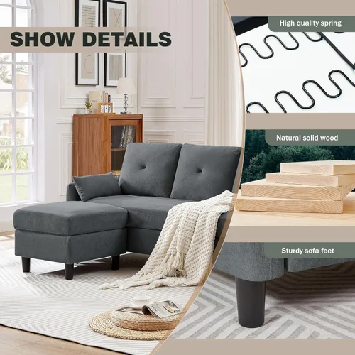 Vista 3 de Sofá modular convertible de 77 pulgadas, sofá en forma de L de 3 plazas con otomana, moderno sofá tapizado de lino para sala de estar, apartamento