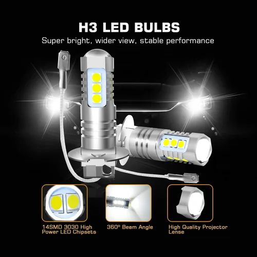 Vista 4 de Bombillas LED antiniebla H3 de 6000 K, xenón blanco, extremadamente brillantes, 3030 chips H3, bombillas LED con proyector para luces antiniebla