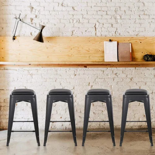 Vista 174 de GIA Taburete de mostrador sin respaldo de 24 pulgadas, cantidad de 4, bronce con asiento de madera clara