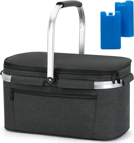 ALLCAMP Cesta de pícnic, 2 cajas de hielo incluidas con enfriador aislado de 32 litros, cesta de picnic plegable gruesa con cestas extraíbles y