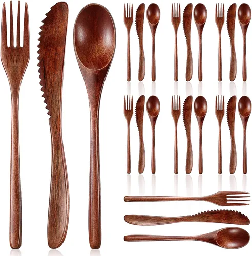 Vista 8 de Geiserailie Juego de 12 utensilios de madera para comer, cuchara, tenedor, cuchillo, cubertería de cocina, vajilla de madera, incluye cuchara