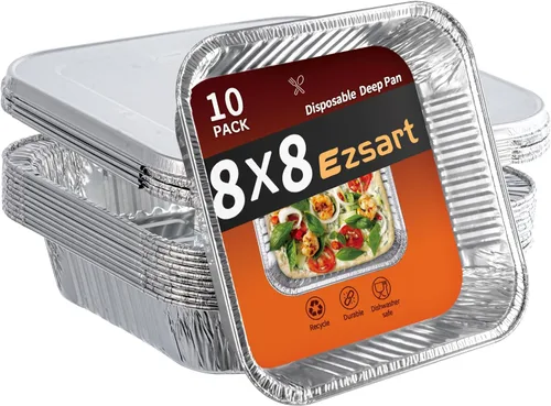 Sartenes de aluminio de 8 x 8 con tapas, paquete de 10 bandejas desechables para hornear, sartenes de aluminio con tapas para cocinar en vacaciones,