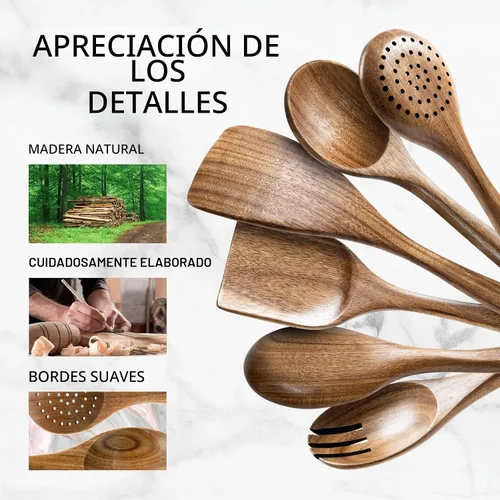 Vista 5 de cucharas de madera para cocinar, juego de utensilios de cocina antiadherentes con 10 piezas de espátulas y cucharas de madera de acacia