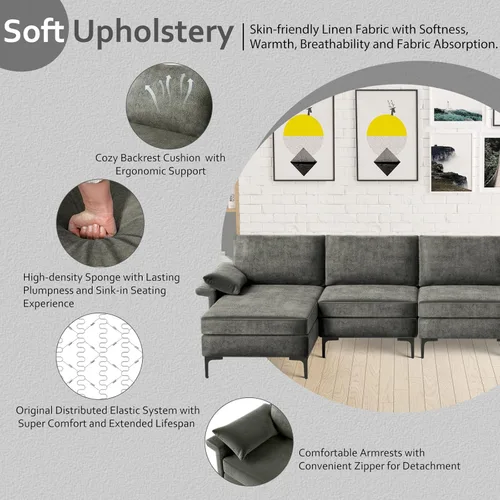 Vista 56 de Giantex Sofá modular de 3 asientos, 100.5 pulgadas de largo convertible con puerto USB y tomacorriente, cojín para reposabrazos, sofá modular