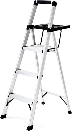 Vista 11 de Rubbermaid Escalera de 2 escalones, Taburete Escalón Plegable Ligero de Aluminio con Superficie Superior para Proyectos, Plateado, Probado según