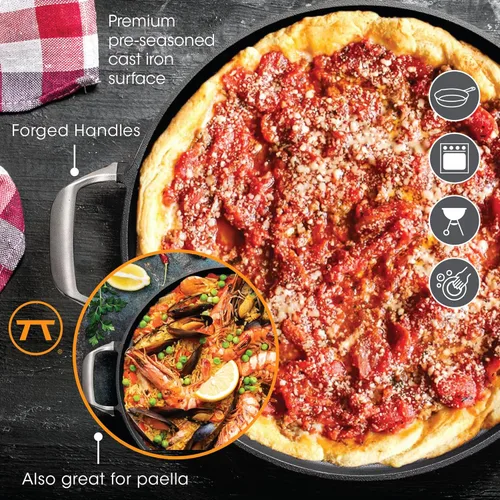 Vista 7 de Outset Paella para parrilla y bandeja para pizza profunda, sartén de hierro fundido con asas, 18.15 x 14.11 x 1.25 pulgadas