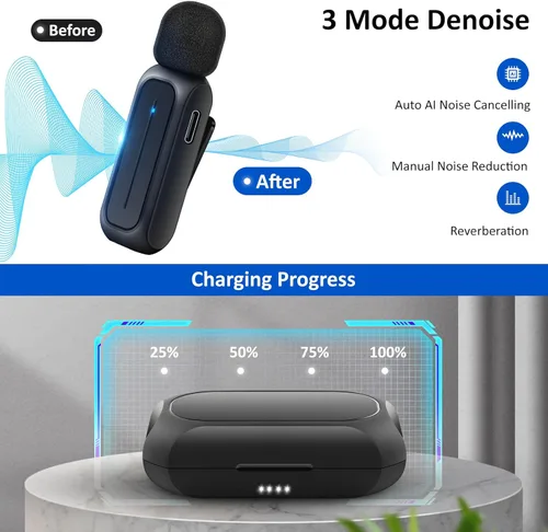 Vista 2 de Ecomxia 2 Piezas Micrófono de Solapa Inalámbrico para iPhone iPad Android con Estuche de Carga 7H Micrófono de Clip de Solapa Inalámbrico