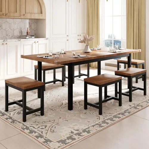 Vista 10 de Feonase Juego de mesa de comedor de 5 piezas para 4-8 personas, juego de mesa de cocina grande extensible de 63 pulgadas con 2 bancos y 2 taburetes