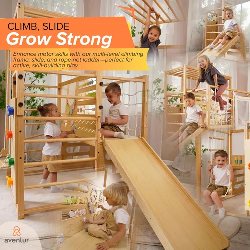Vista 5 de Avenlur Gimnasio Montessori Alpino de Madera para Selva Interior con Columpio, Juguetes de Escalada para Niños Pequeños y Bebés, Pared de Roca