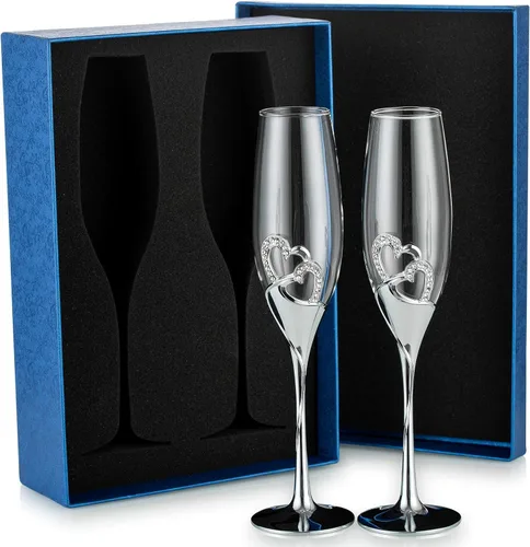 Vista 11 de Juego de copas de champán para boda, copas de flauta de tostado dorado, paquete de 2 con diamantes de imitación, decoración de corazones para bodas