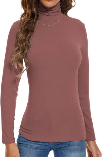 Vista 4 de DSPSAM Camisa de manga larga con cuello alto falso para mujer, camiseta térmica acanalada