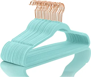 MIZGI - Perchas de terciopelo premium - de alta resistencia, antideslizantes, (paquete de 50 unidades), ganchos color azul agua y dorado rosa